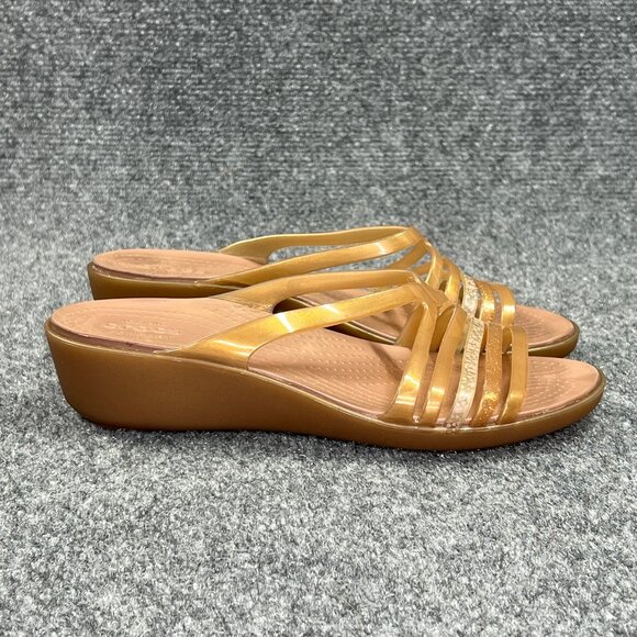 Crocs Isabella Sandals Womens Size 6 Brown Gold Jelly Mini Wedge Slide Flip Flop - Picture 1 of 10